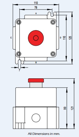 Control Station - ATEX - Emergency Stop - Red Mushroom Pushbutton (Pull) - Walsall LCP125-126